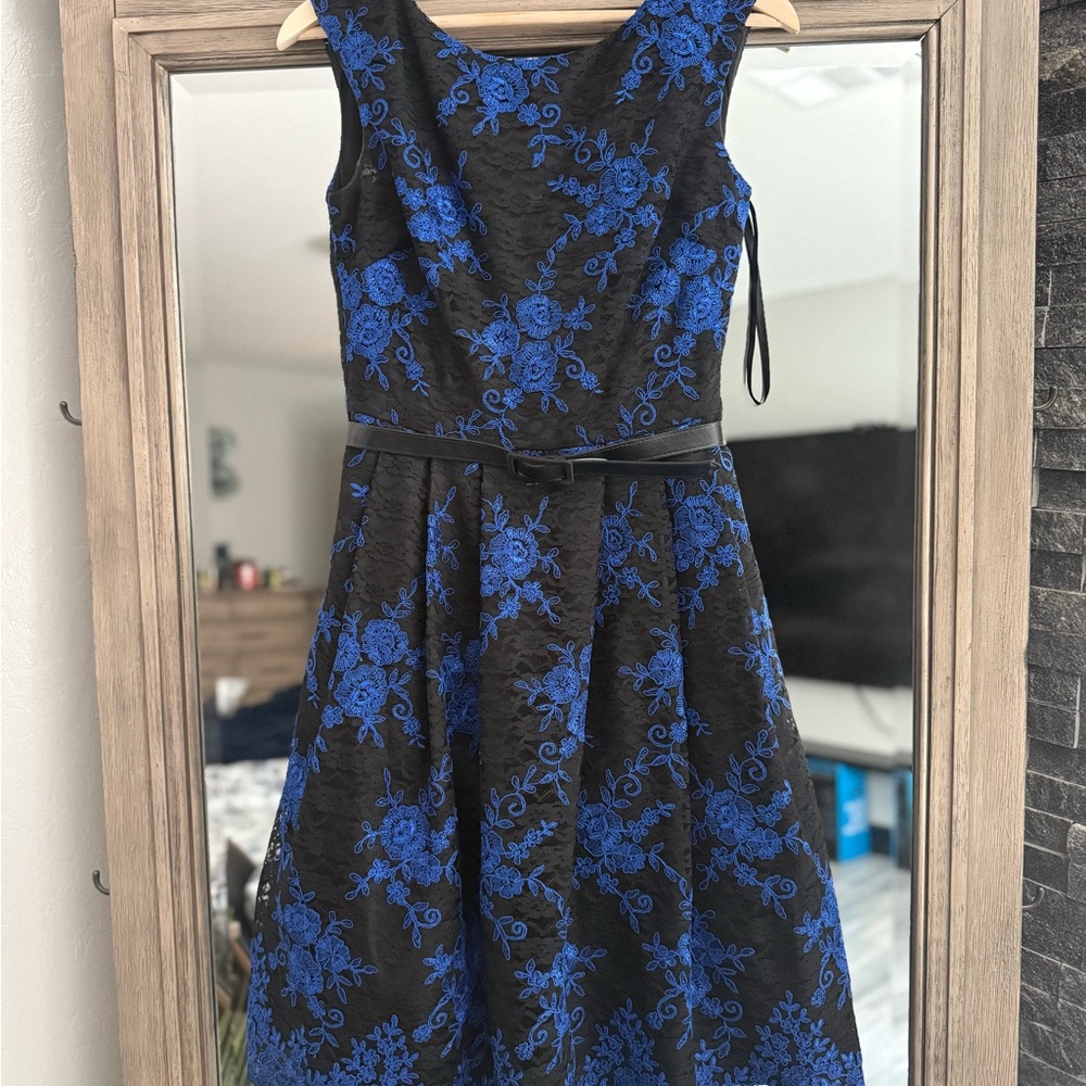Aliza J Elegant Black and Blue Floral Dress